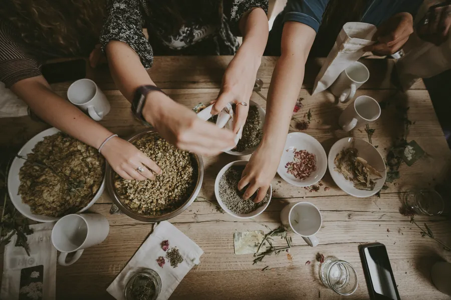 Table d'atelier vue de dessus : des mains trient des herbes et des plantes séchées dans des bols et des tasses