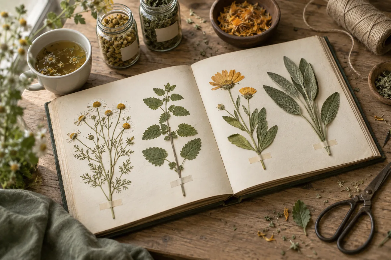 Herbier ouvert sur des planches de camomille, mélisse, souci et sauge, avec bocaux et ciseaux (image générée par IA)