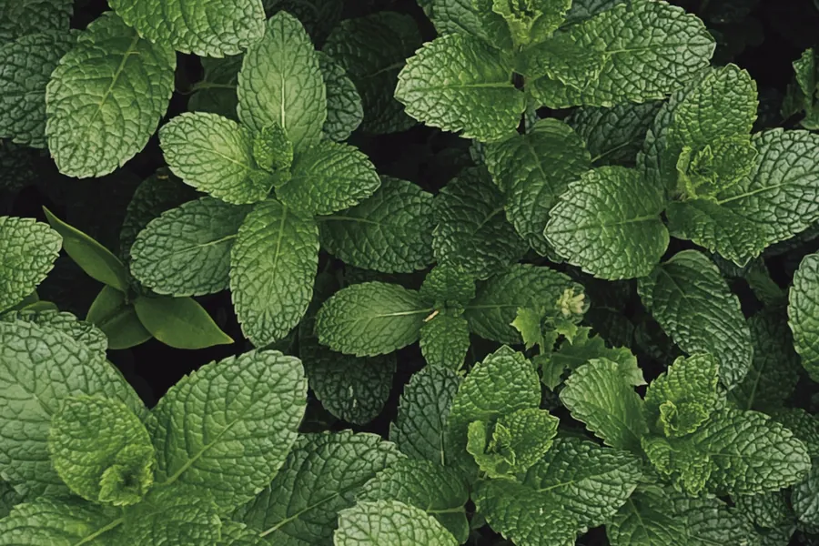 Feuilles de menthe vues de dessus, vert dense
